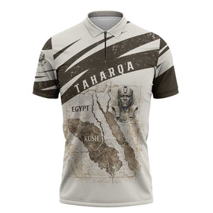 Taharqa Zipper Polo Shirt with Ancient Map Illustration, King of Two Lands Title and Kush Egypt Temple - African Pride