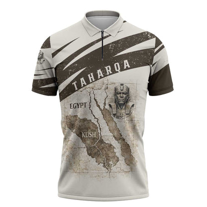 Taharqa Zipper Polo Shirt with Ancient Map Illustration, King of Two Lands Title and Kush Egypt Temple - African Pride