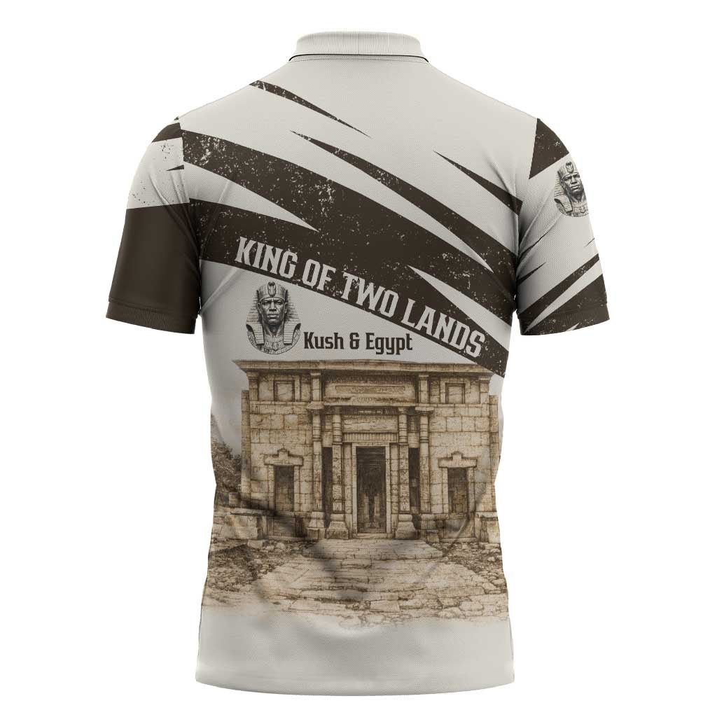 Taharqa Zipper Polo Shirt with Ancient Map Illustration, King of Two Lands Title and Kush Egypt Temple - African Pride