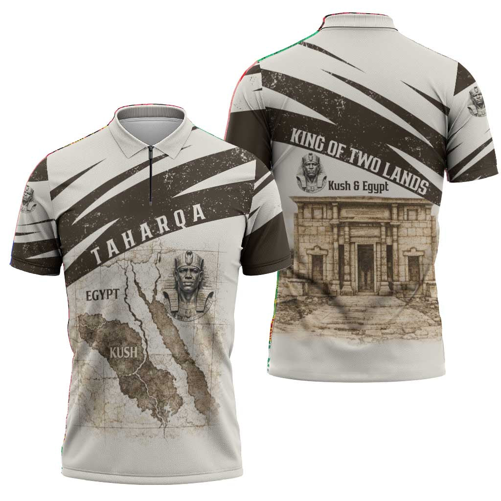 Taharqa Zipper Polo Shirt with Ancient Map Illustration, King of Two Lands Title and Kush Egypt Temple - African Pride