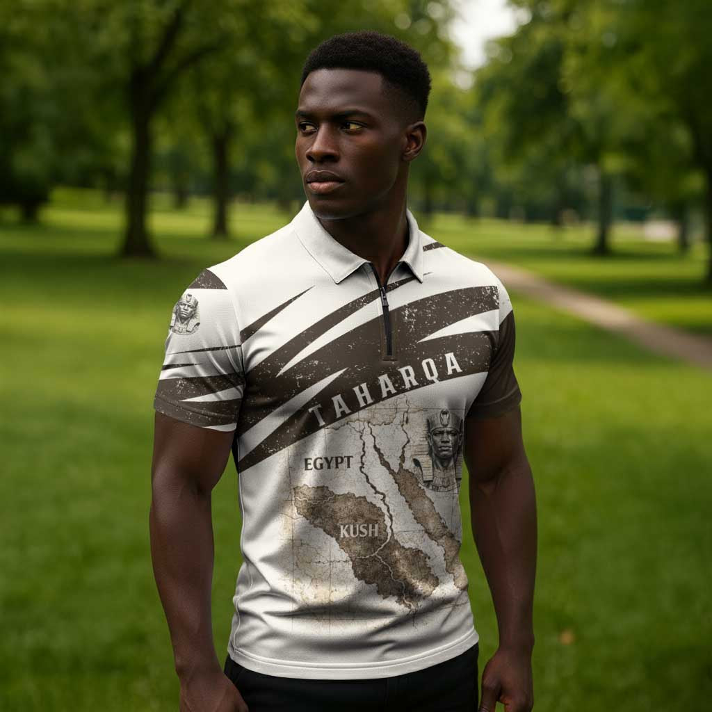 Taharqa Zipper Polo Shirt with Ancient Map Illustration, King of Two Lands Title and Kush Egypt Temple - African Pride