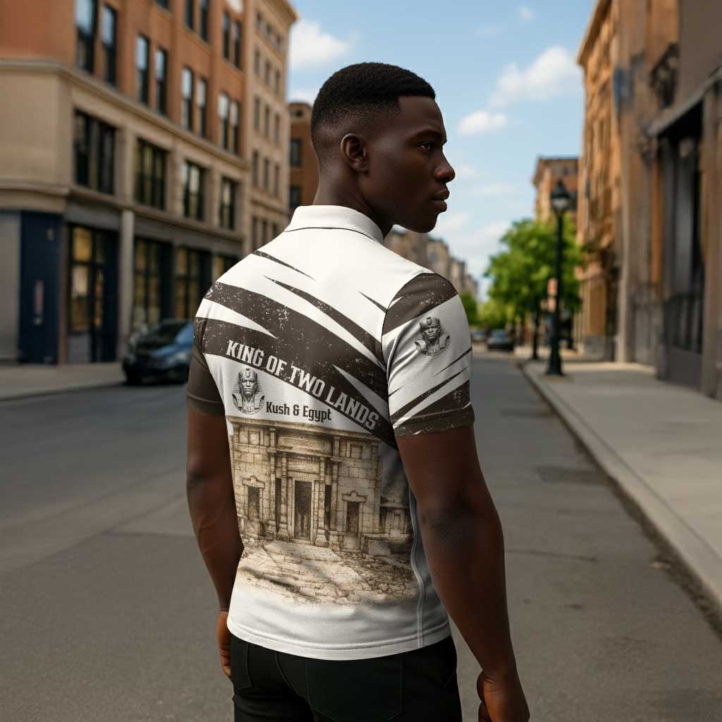 Taharqa Zipper Polo Shirt with Ancient Map Illustration, King of Two Lands Title and Kush Egypt Temple - African Pride
