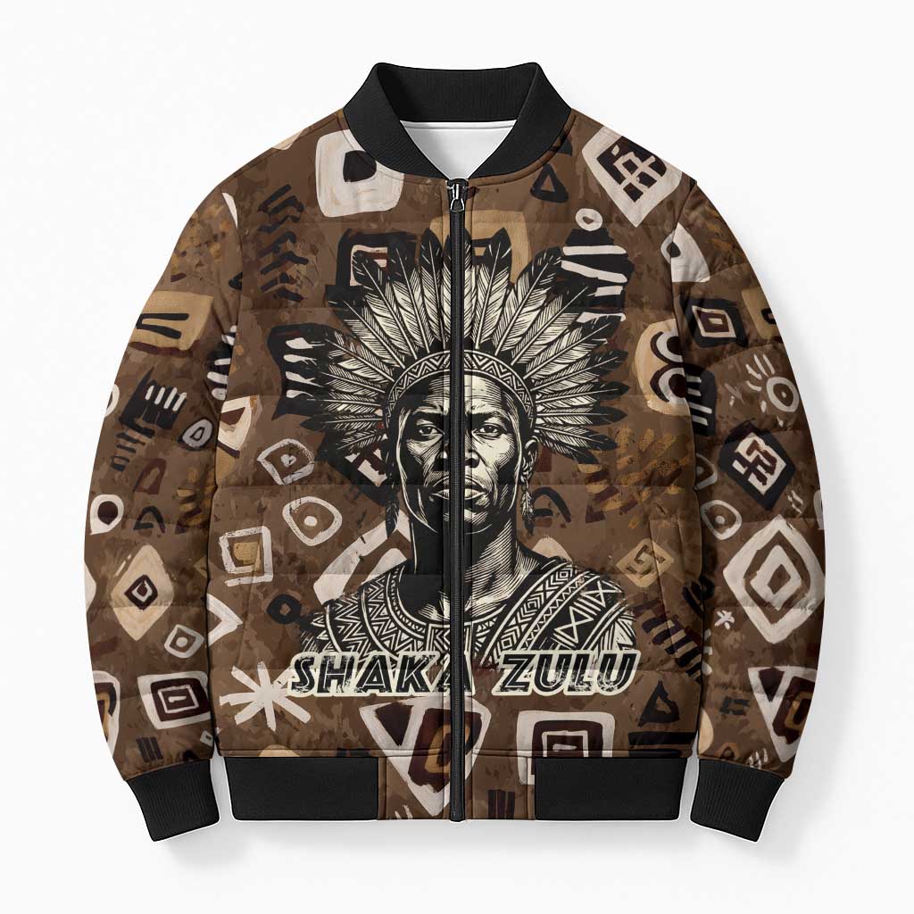 Shaka Zulu Bomber Puffer Jacket Monochrome Portrait Zulu Kingdom Heritage Unconquered Spirit Warrior Legacy Theme - African Pride
