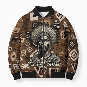Shaka Zulu Bomber Puffer Jacket Monochrome Portrait Zulu Kingdom Heritage Unconquered Spirit Warrior Legacy Theme - African Pride