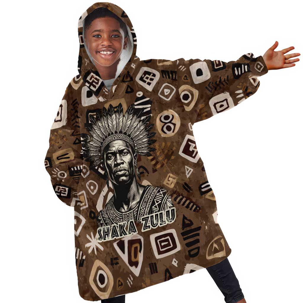 Shaka Zulu Kid Wearable Blanket Hoodie Monochrome Portrait Zulu Kingdom Heritage Unconquered Spirit Warrior Legacy Theme - African Pride