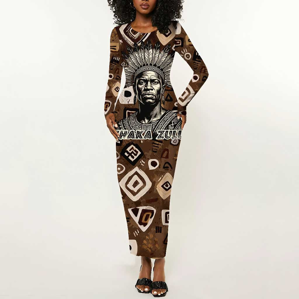 Shaka Zulu Long Sleeve Bodycon Dress Monochrome Portrait Zulu Kingdom Heritage Unconquered Spirit Warrior Legacy Theme - African Pride