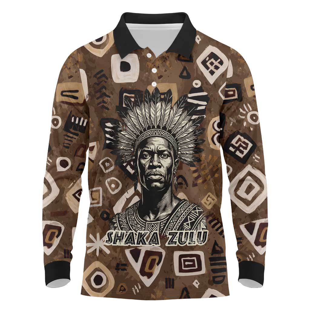 Shaka Zulu Long Sleeve Polo Shirt Monochrome Portrait Zulu Kingdom Heritage Unconquered Spirit Warrior Legacy Theme - African Pride