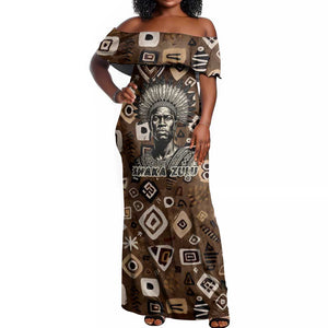 Shaka Zulu Off Shoulder Maxi Dress Monochrome Portrait Zulu Kingdom Heritage Unconquered Spirit Warrior Legacy Theme - African Pride