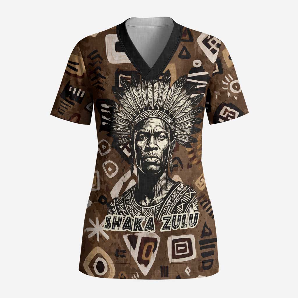 Shaka Zulu Scrub Top Monochrome Portrait Zulu Kingdom Heritage Unconquered Spirit Warrior Legacy Theme - African Pride
