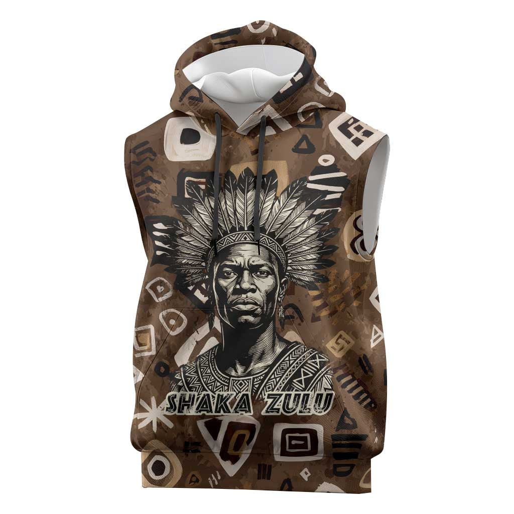 Shaka Zulu Sleeveless Hoodie Monochrome Portrait Zulu Kingdom Heritage Unconquered Spirit Warrior Legacy Theme - African Pride