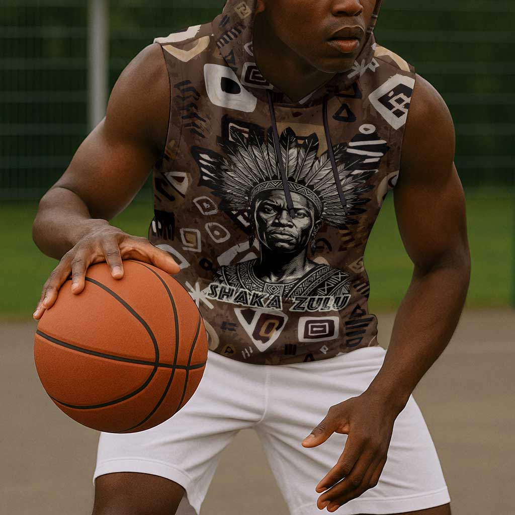 Shaka Zulu Sleeveless Hoodie Monochrome Portrait Zulu Kingdom Heritage Unconquered Spirit Warrior Legacy Theme - African Pride