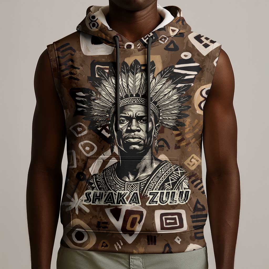 Shaka Zulu Sleeveless Hoodie Monochrome Portrait Zulu Kingdom Heritage Unconquered Spirit Warrior Legacy Theme - African Pride