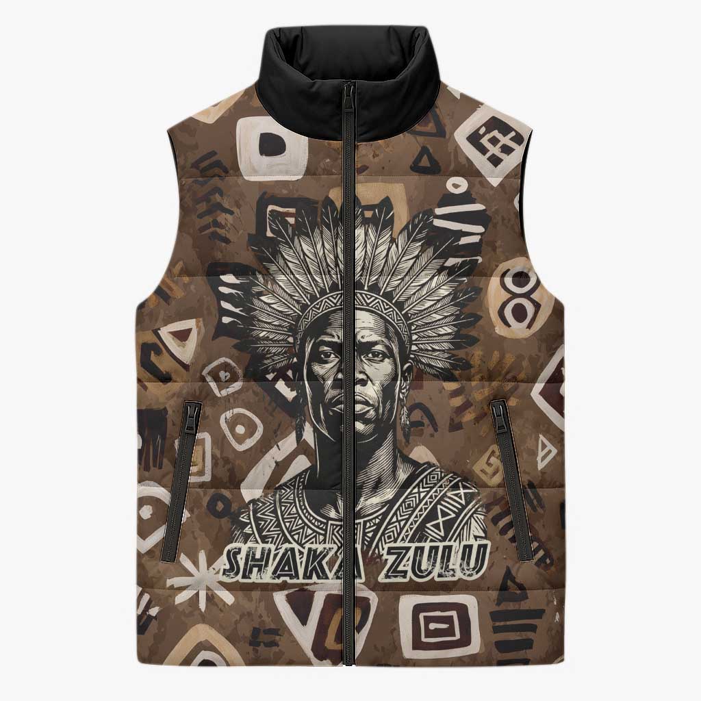 Shaka Zulu Sleeveless Puffer Jacket Monochrome Portrait Zulu Kingdom Heritage Unconquered Spirit Warrior Legacy Theme - African Pride