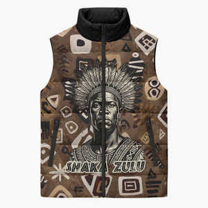 Shaka Zulu Sleeveless Puffer Jacket Monochrome Portrait Zulu Kingdom Heritage Unconquered Spirit Warrior Legacy Theme - African Pride