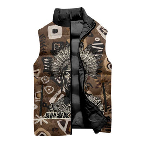 Shaka Zulu Sleeveless Puffer Jacket Monochrome Portrait Zulu Kingdom Heritage Unconquered Spirit Warrior Legacy Theme - African Pride