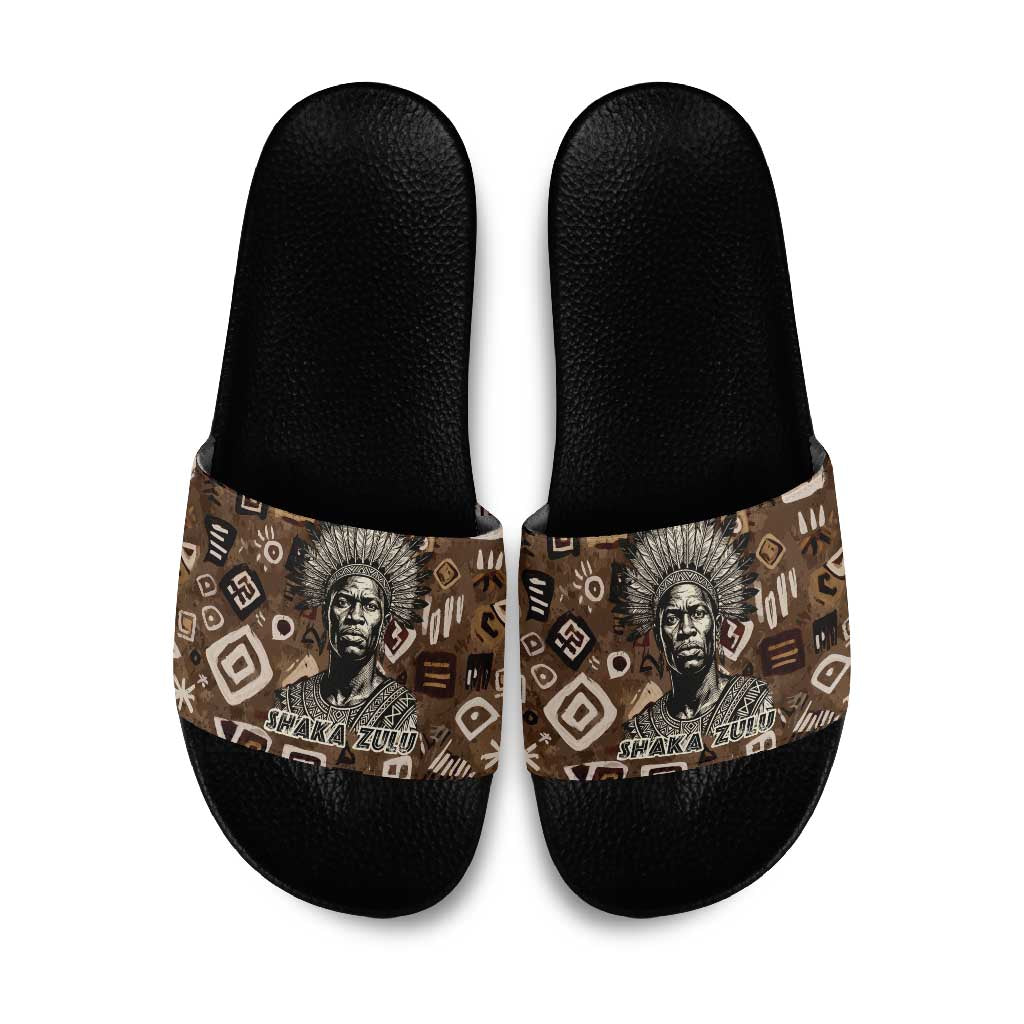 Shaka Zulu Slide Sandals Monochrome Portrait Zulu Kingdom Heritage Unconquered Spirit Warrior Legacy Theme - African Pride