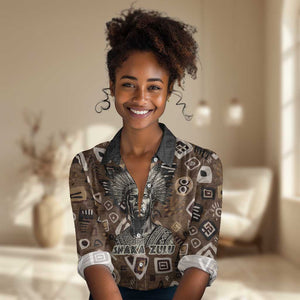 Shaka Zulu Women Casual Shirt Monochrome Portrait Zulu Kingdom Heritage Unconquered Spirit Warrior Legacy Theme - African Pride