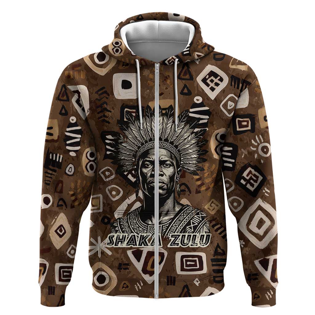 Shaka Zulu Zip Hoodie Monochrome Portrait Zulu Kingdom Heritage Unconquered Spirit Warrior Legacy Theme - African Pride