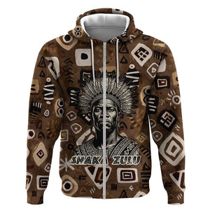 Shaka Zulu Zip Hoodie Monochrome Portrait Zulu Kingdom Heritage Unconquered Spirit Warrior Legacy Theme - African Pride