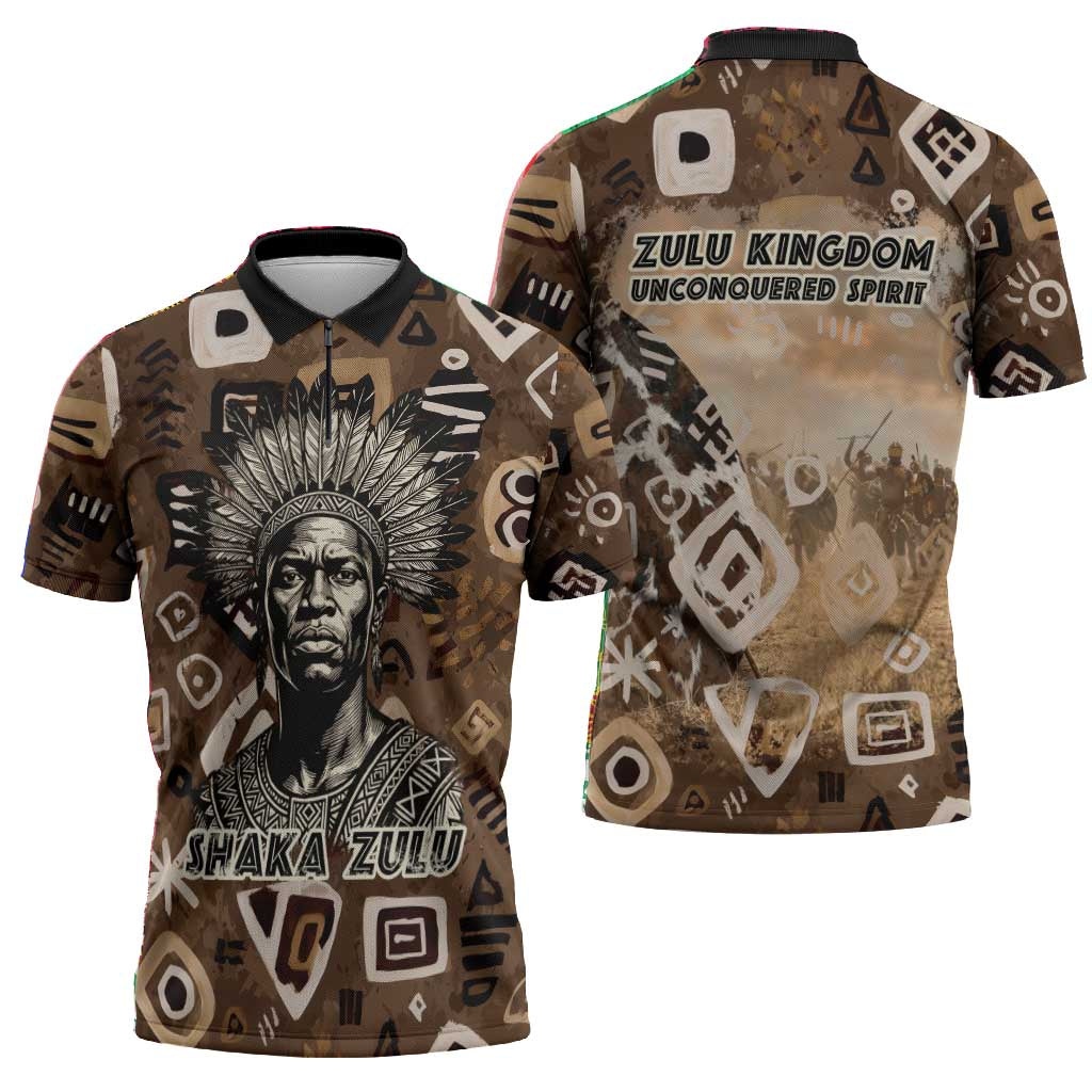 Shaka Zulu Zipper Polo Shirt Monochrome Portrait Zulu Kingdom Heritage Unconquered Spirit Warrior Legacy Theme - African Pride