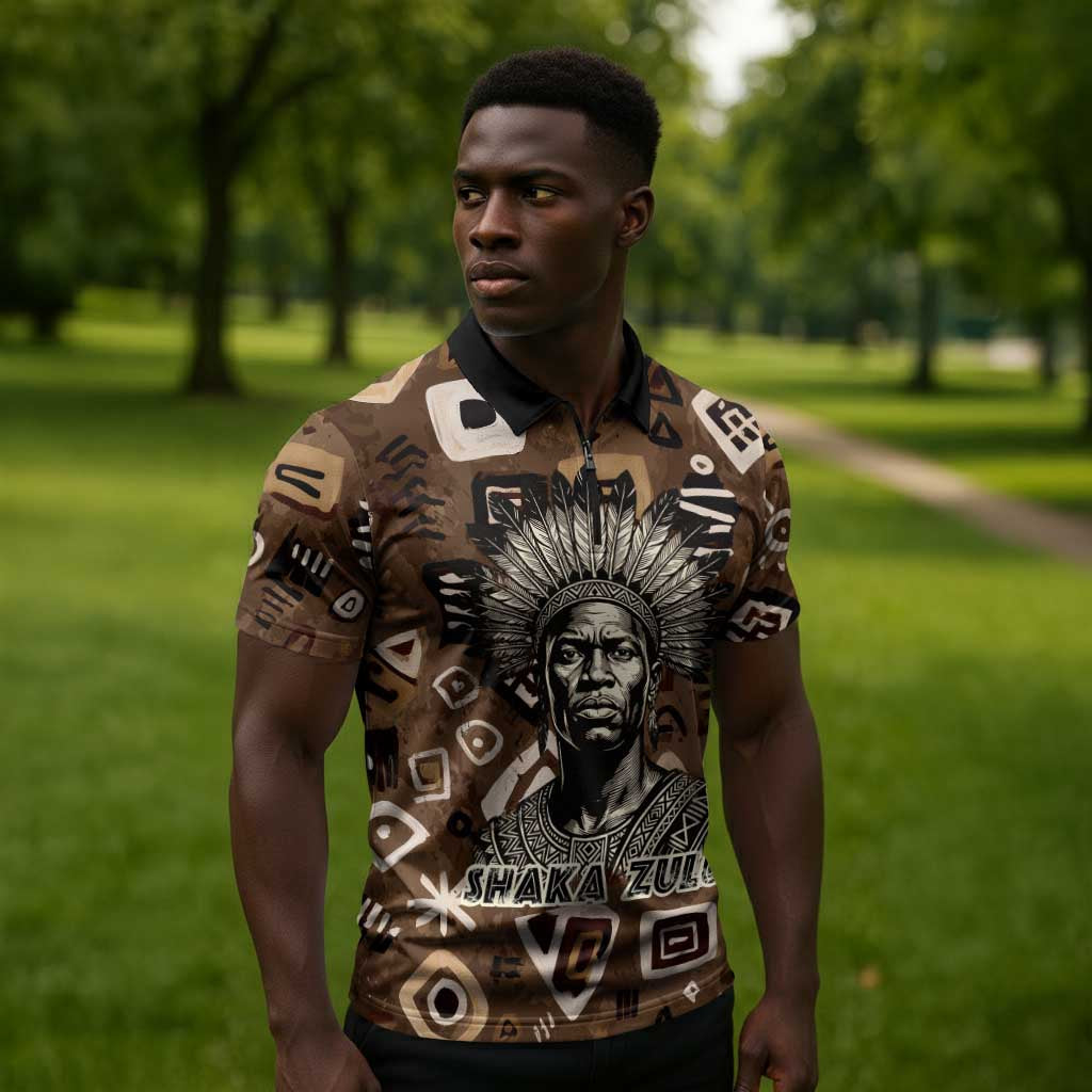 Shaka Zulu Zipper Polo Shirt Monochrome Portrait Zulu Kingdom Heritage Unconquered Spirit Warrior Legacy Theme - African Pride