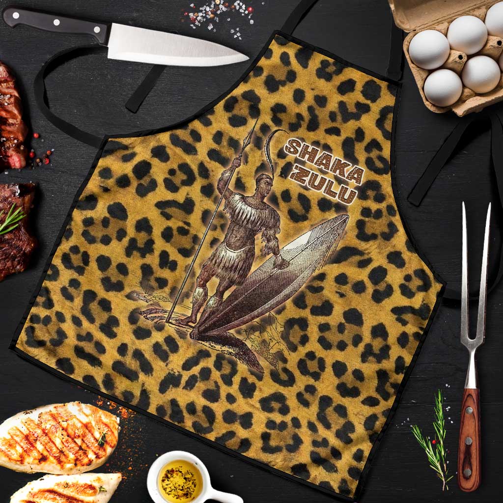 Shaka Zulu Apron Leopard Print Design Traditional Warrior Spear and Shield Illustration Tribal King - African Pride