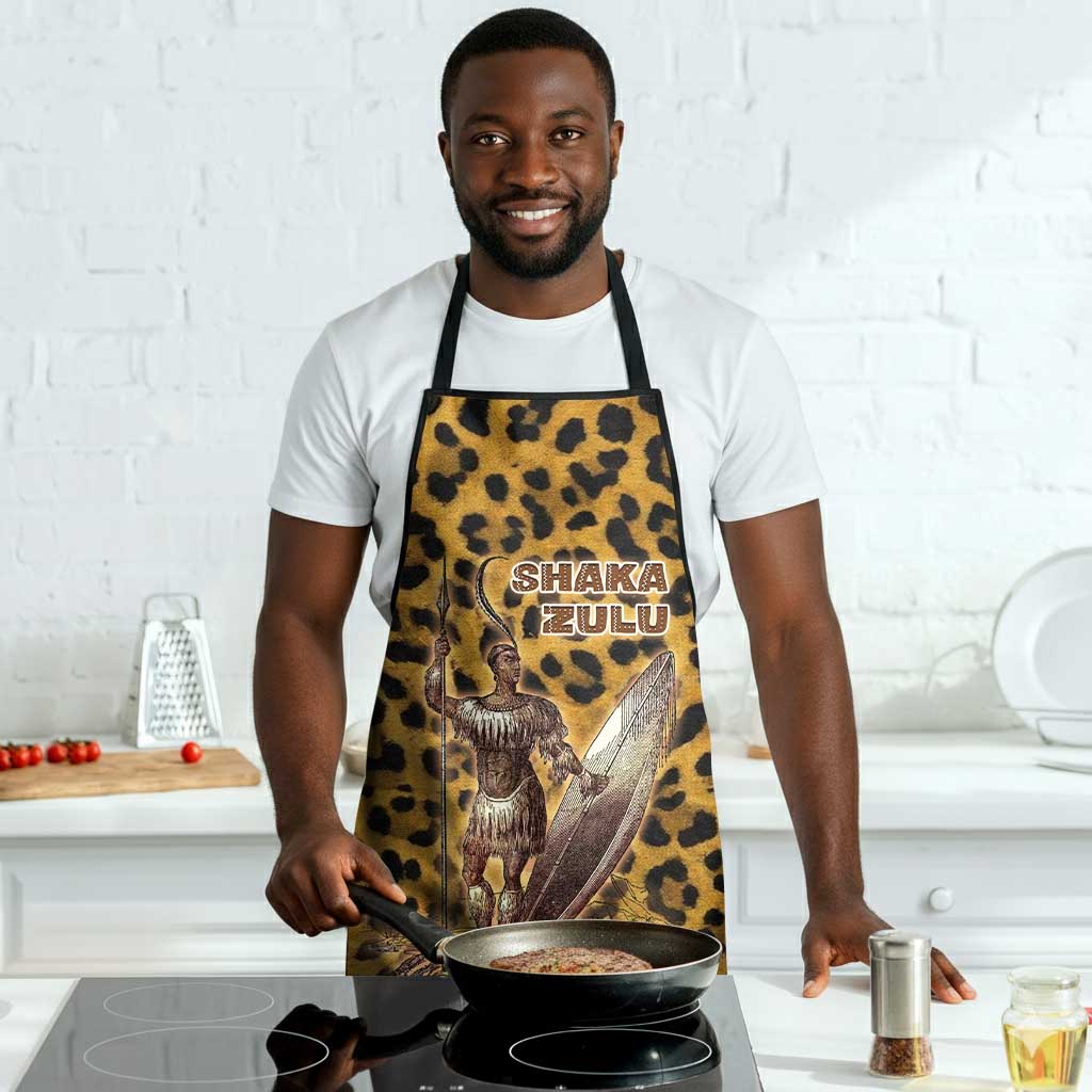 Shaka Zulu Apron Leopard Print Design Traditional Warrior Spear and Shield Illustration Tribal King - African Pride