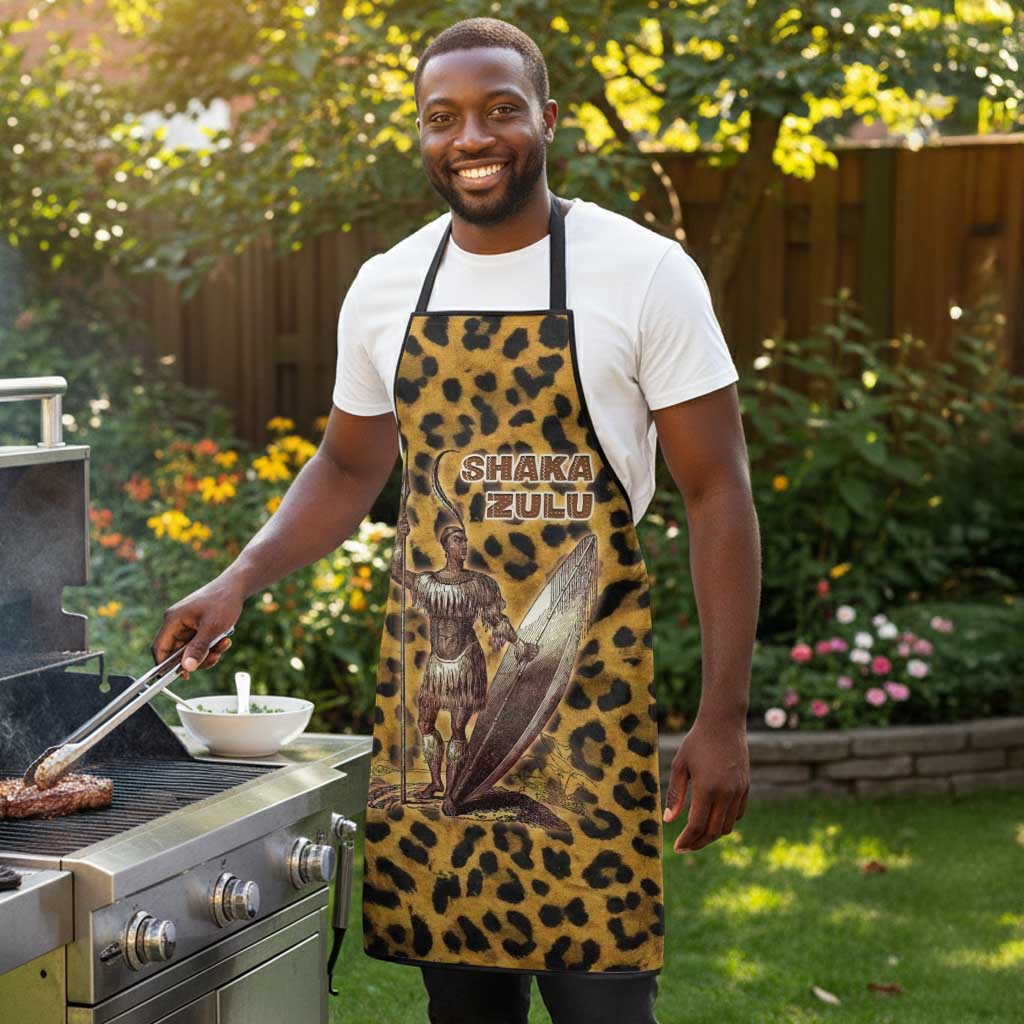 Shaka Zulu Apron Leopard Print Design Traditional Warrior Spear and Shield Illustration Tribal King - African Pride