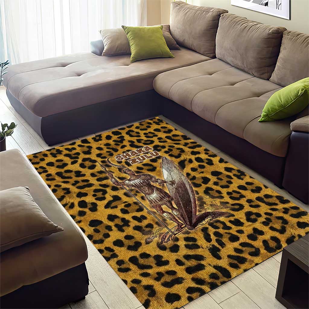 Shaka Zulu Area Rug Leopard Print Design Traditional Warrior Spear and Shield Illustration Tribal King - African Pride