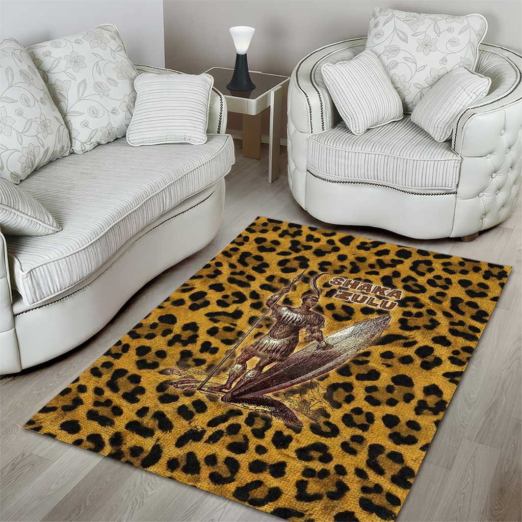 Shaka Zulu Area Rug Leopard Print Design Traditional Warrior Spear and Shield Illustration Tribal King - African Pride