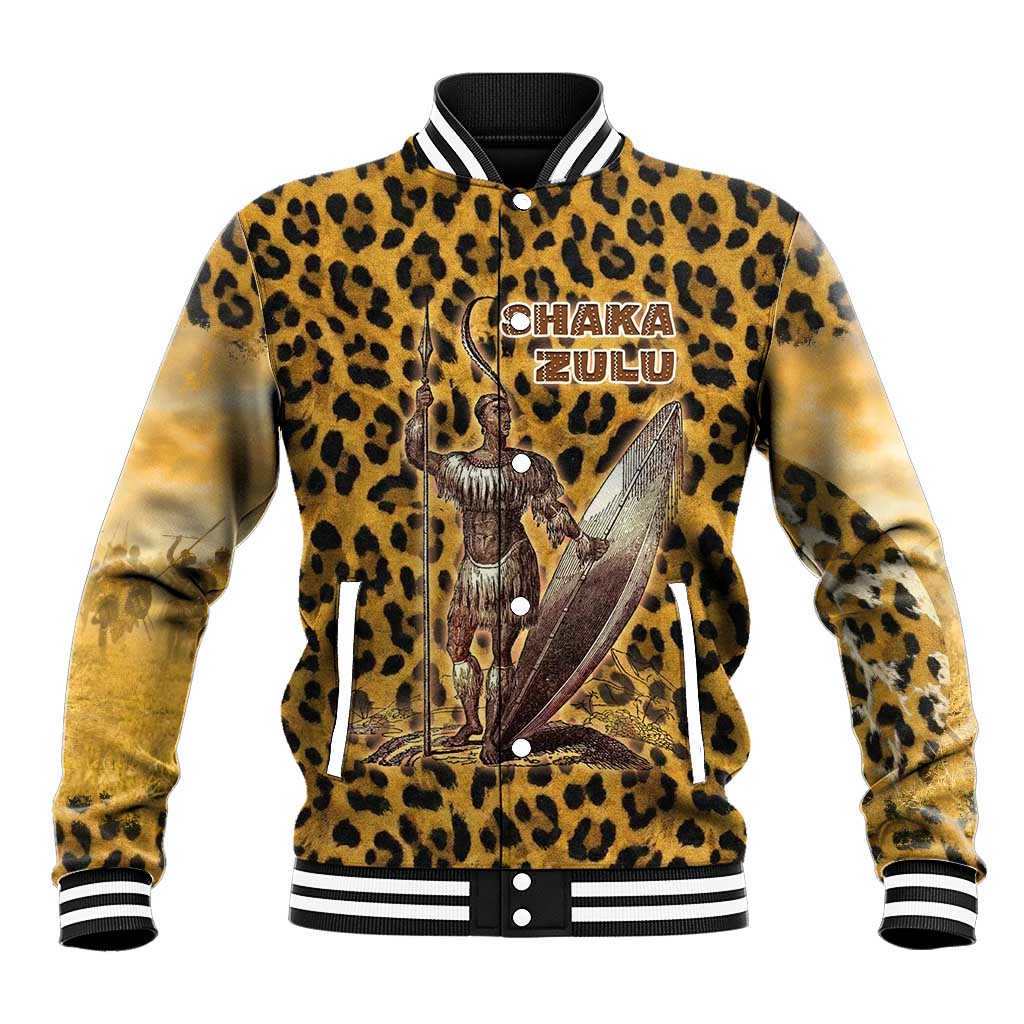 Shaka Zulu Baseball Jacket Leopard Print Design Traditional Warrior Spear and Shield Illustration Tribal King - African Pride