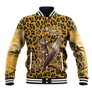 Shaka Zulu Baseball Jacket Leopard Print Design Traditional Warrior Spear and Shield Illustration Tribal King - African Pride