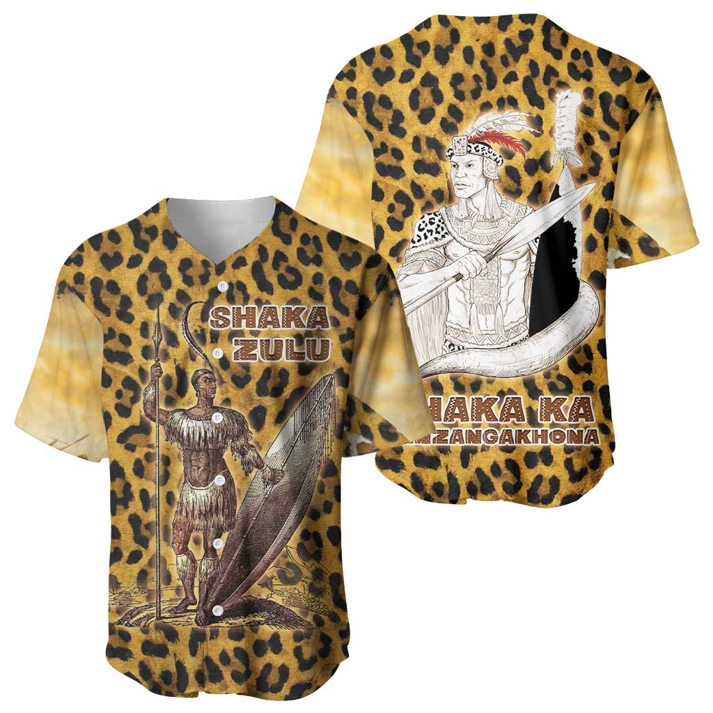 Shaka Zulu Baseball Jersey Leopard Print Design Traditional Warrior Spear and Shield Illustration Tribal King - African Pride