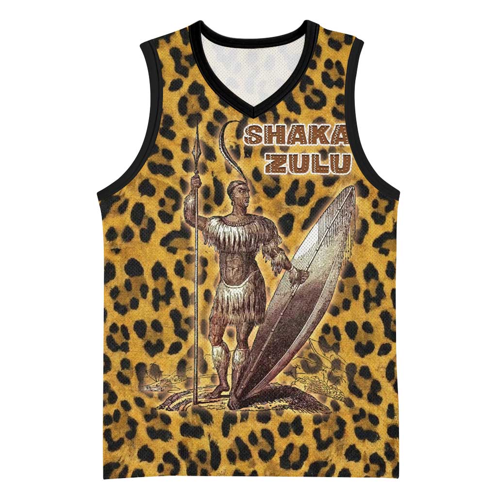 Shaka Zulu Basketball Jersey Leopard Print Design Traditional Warrior Spear and Shield Illustration Tribal King - African Pride