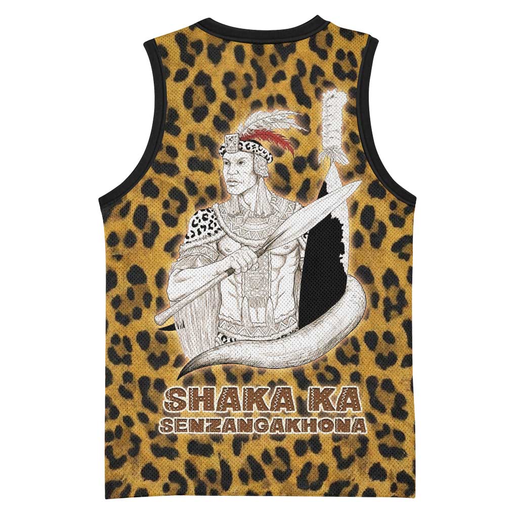 Shaka Zulu Basketball Jersey Leopard Print Design Traditional Warrior Spear and Shield Illustration Tribal King - African Pride
