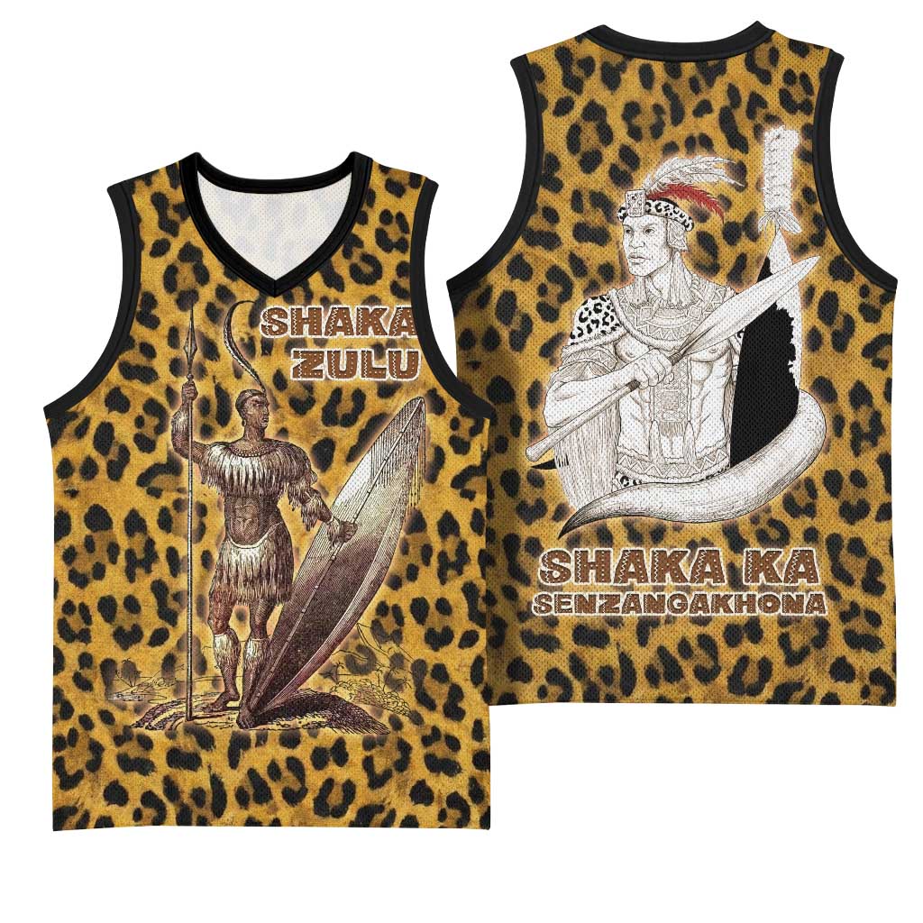 Shaka Zulu Basketball Jersey Leopard Print Design Traditional Warrior Spear and Shield Illustration Tribal King - African Pride