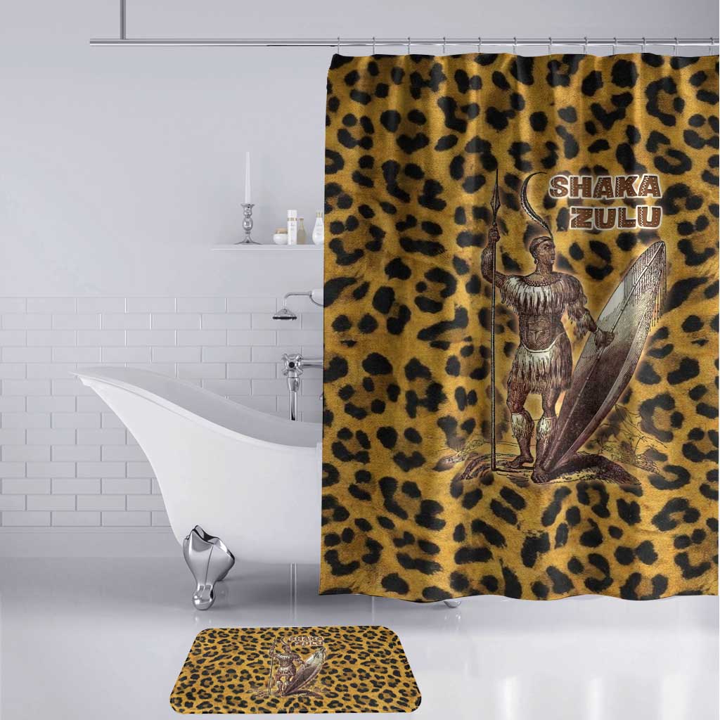 Shaka Zulu Bathroom Set Leopard Print Design Traditional Warrior Spear and Shield Illustration Tribal King - African Pride