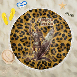 Shaka Zulu Beach Blanket Leopard Print Design Traditional Warrior Spear and Shield Illustration Tribal King - African Pride