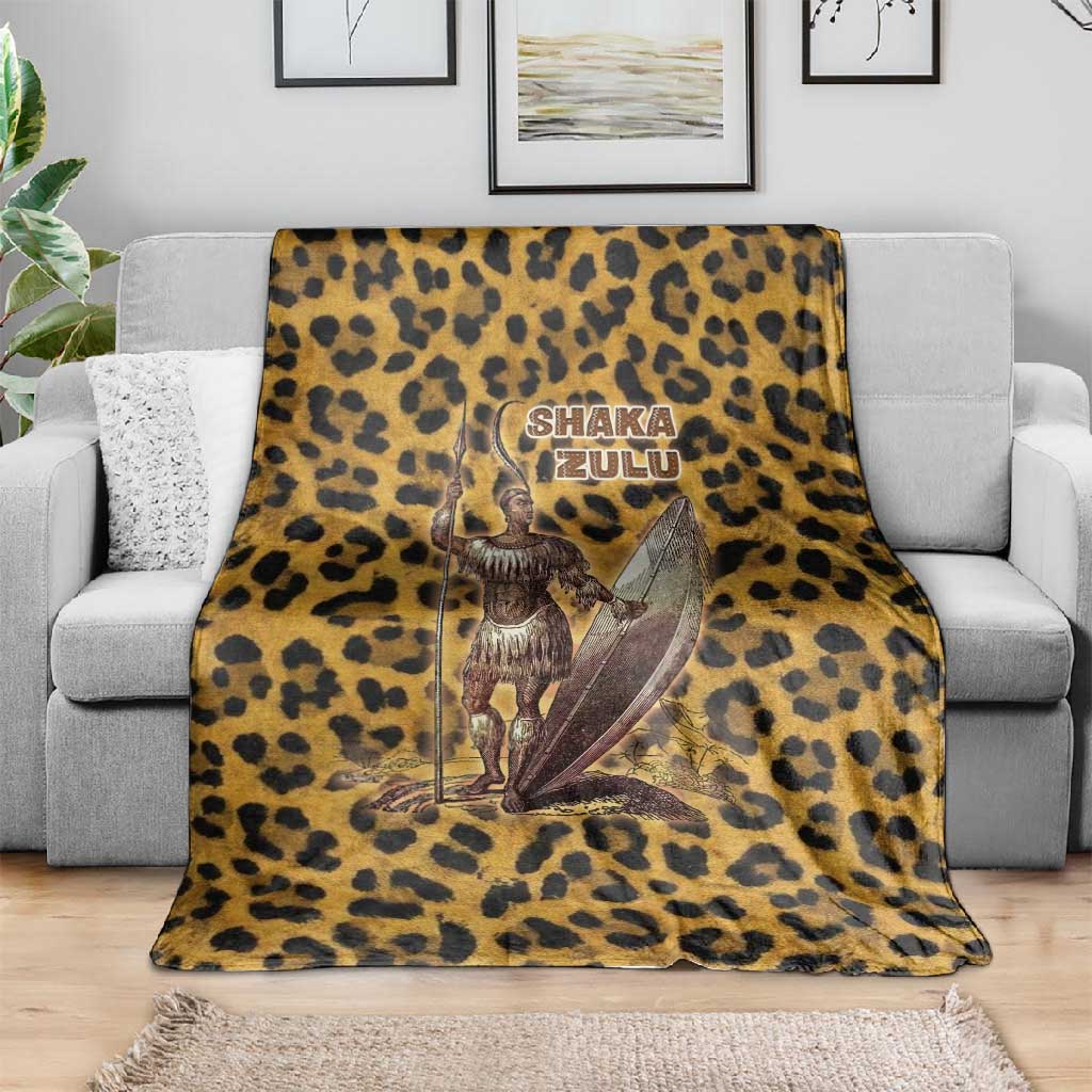 Shaka Zulu Blanket Leopard Print Design Traditional Warrior Spear and Shield Illustration Tribal King - African Pride