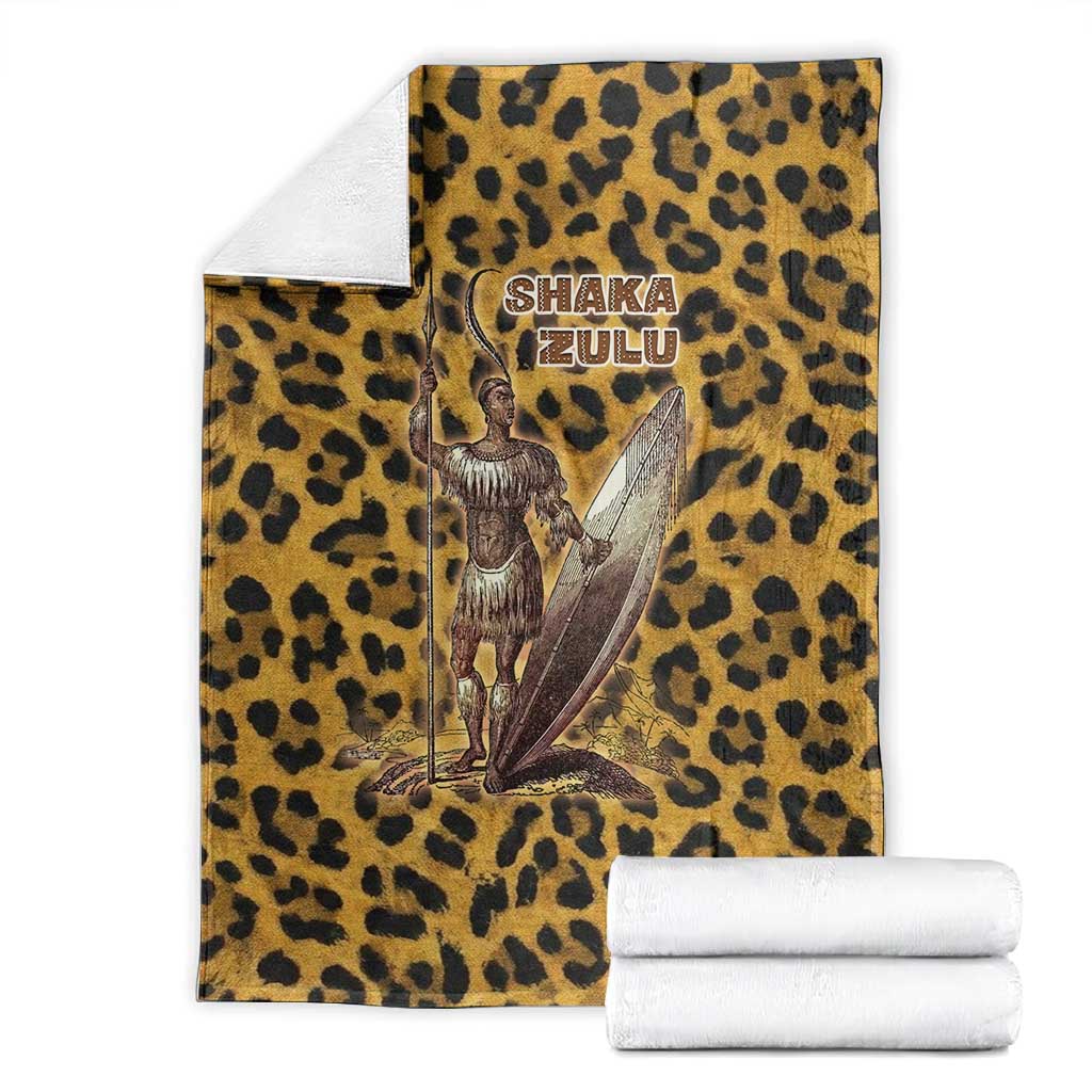 Shaka Zulu Blanket Leopard Print Design Traditional Warrior Spear and Shield Illustration Tribal King - African Pride