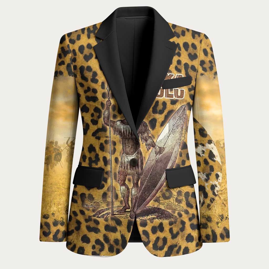 Shaka Zulu Blazer Leopard Print Design Traditional Warrior Spear and Shield Illustration Tribal King - African Pride