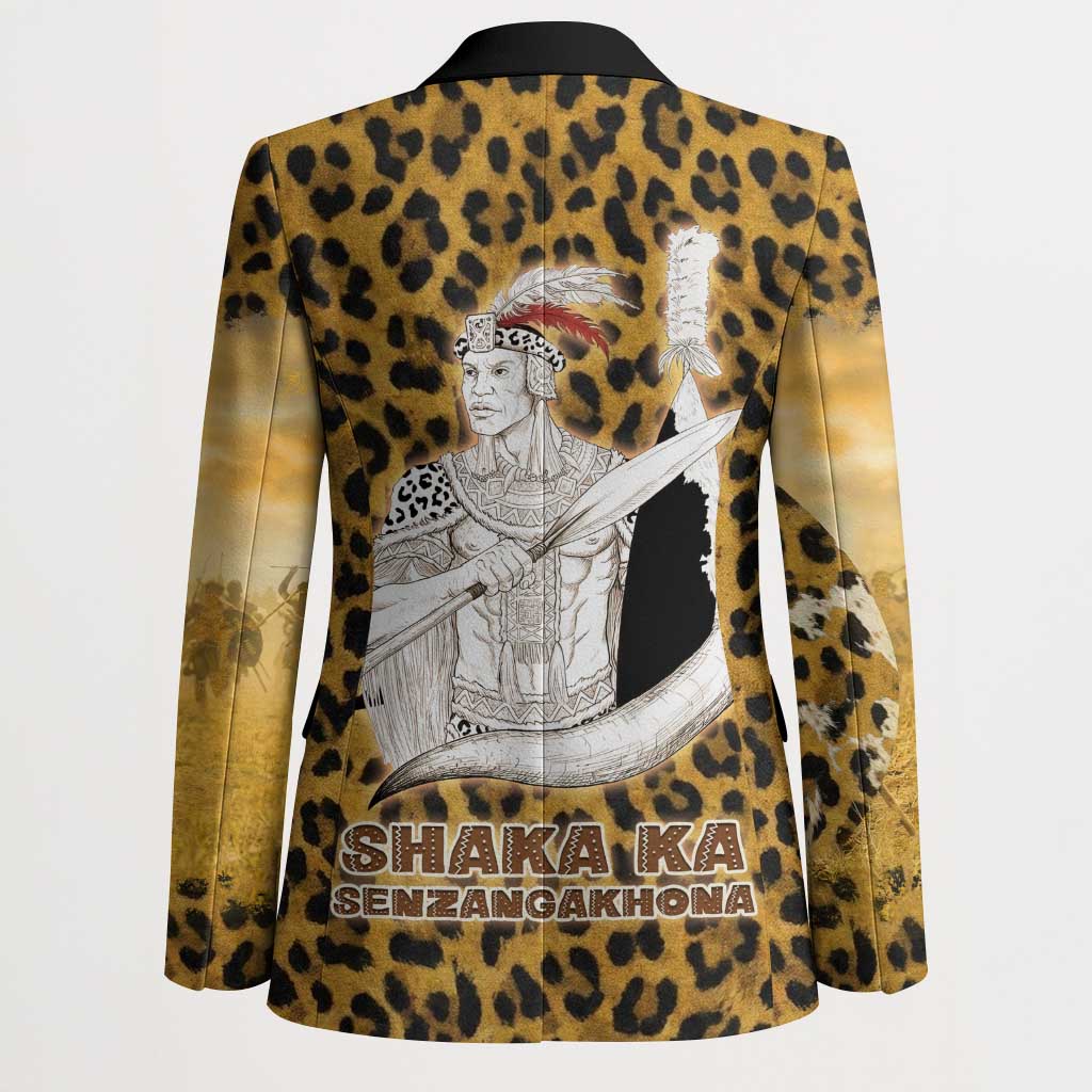 Shaka Zulu Blazer Leopard Print Design Traditional Warrior Spear and Shield Illustration Tribal King - African Pride