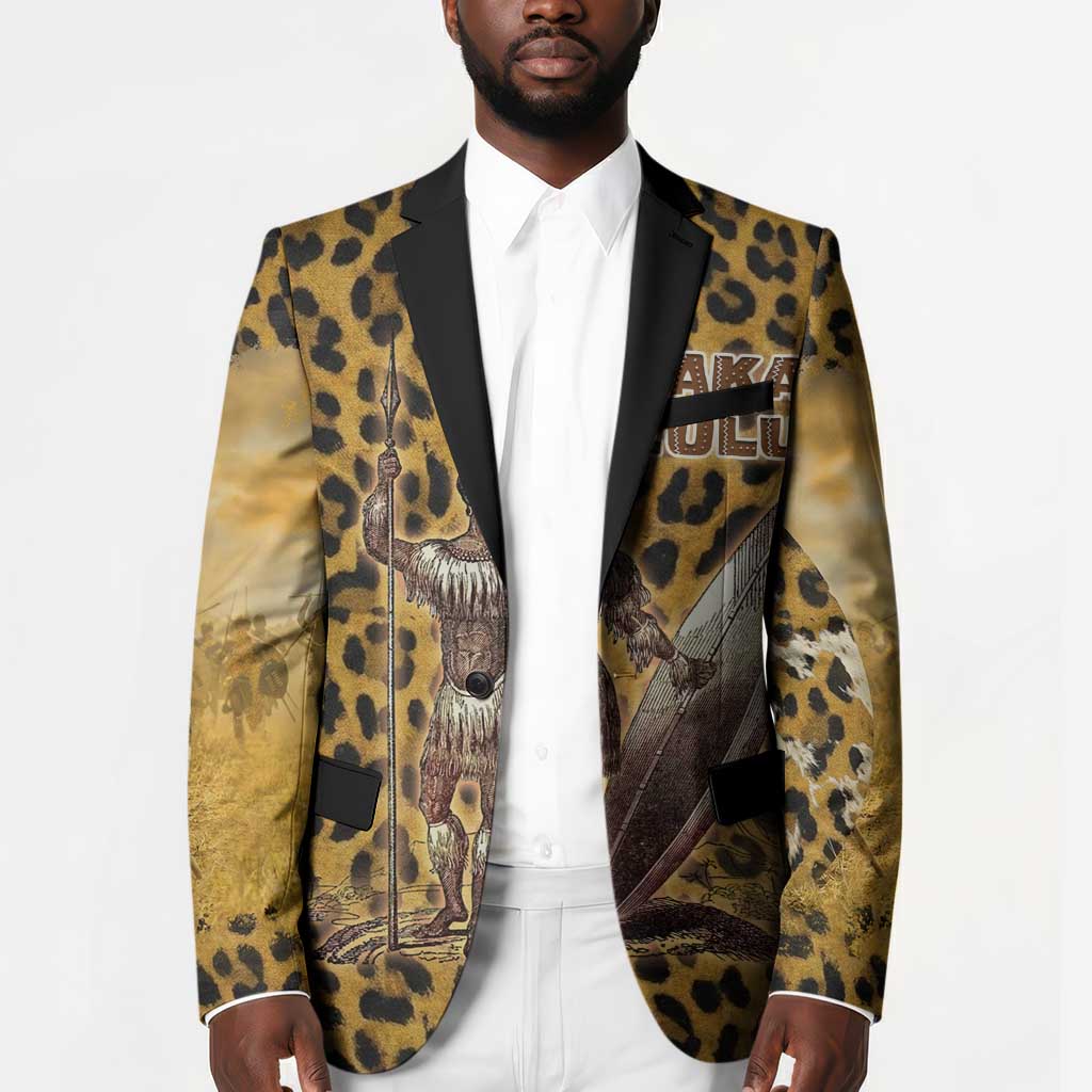 Shaka Zulu Blazer Leopard Print Design Traditional Warrior Spear and Shield Illustration Tribal King - African Pride