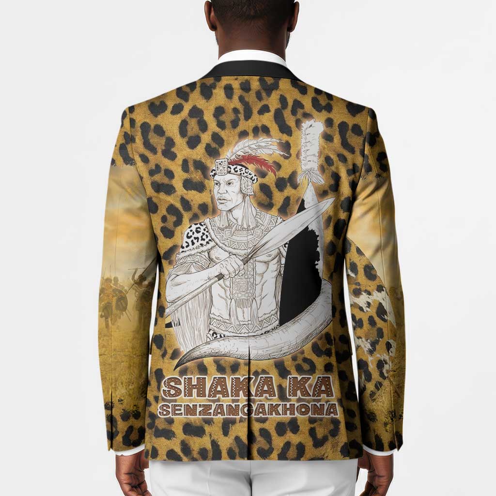 Shaka Zulu Blazer Leopard Print Design Traditional Warrior Spear and Shield Illustration Tribal King - African Pride