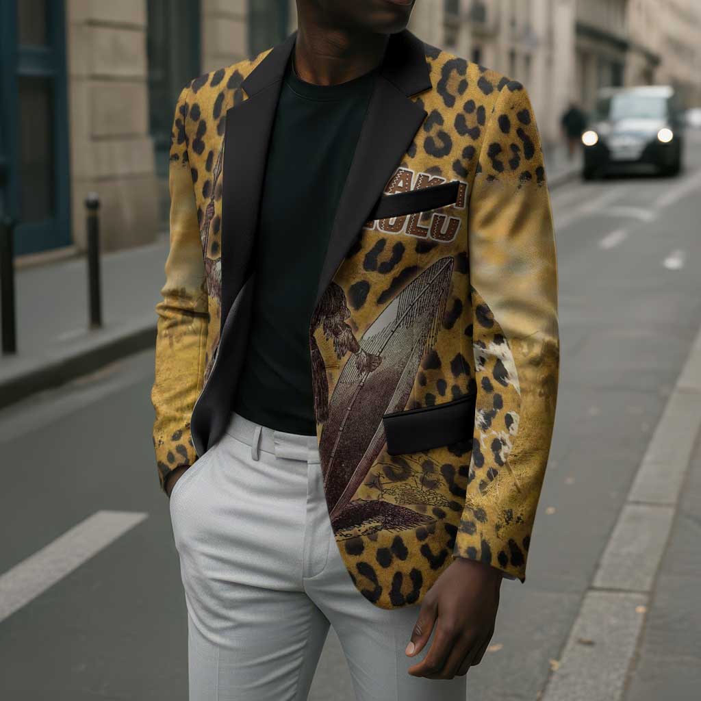 Shaka Zulu Blazer Leopard Print Design Traditional Warrior Spear and Shield Illustration Tribal King - African Pride