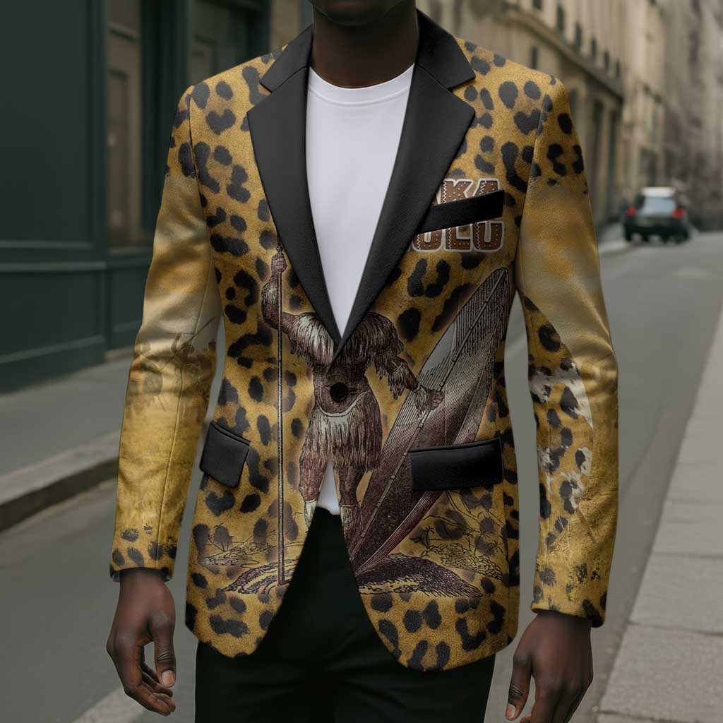 Shaka Zulu Blazer Leopard Print Design Traditional Warrior Spear and Shield Illustration Tribal King - African Pride