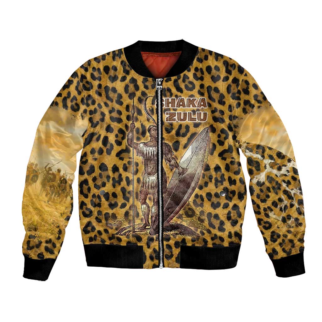Shaka Zulu Bomber Jacket Leopard Print Design Traditional Warrior Spear and Shield Illustration Tribal King - African Pride