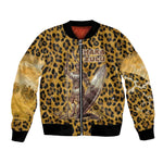Shaka Zulu Bomber Jacket Leopard Print Design Traditional Warrior Spear and Shield Illustration Tribal King - African Pride