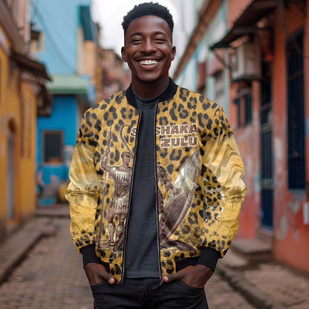 Shaka Zulu Bomber Jacket Leopard Print Design Traditional Warrior Spear and Shield Illustration Tribal King - African Pride