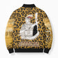 Shaka Zulu Bomber Puffer Jacket Leopard Print Design Traditional Warrior Spear and Shield Illustration Tribal King - African Pride